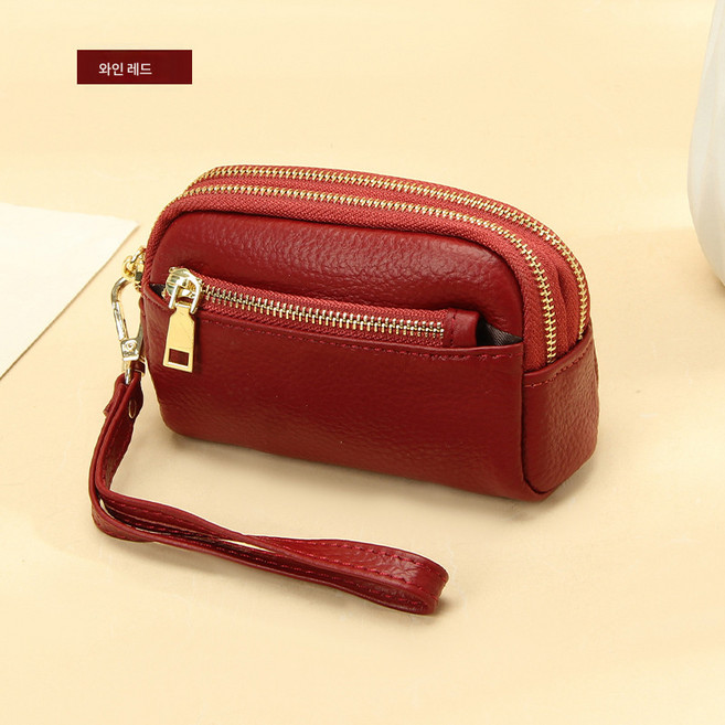 1단 소가죽 손잡이 작은 지갑 클러치 심플 미니 미니 스리 지퍼 리얼 가죽 동전지갑 여성