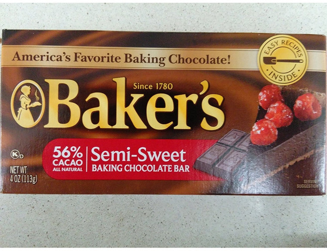 Baker's Semi-Sweet Baking Chocolate Bar 56% Cacao (Pack 베이커스 세미스위트 베이킹 초콜릿 바 56% 카카오(6팩) 4온스 바 6개 묶, 113g