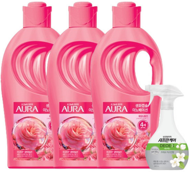아우라 생화캡슐 섬유유연제 1L 피오니로즈 +샤프란 섬유탈취제 500ML 증정, 3개