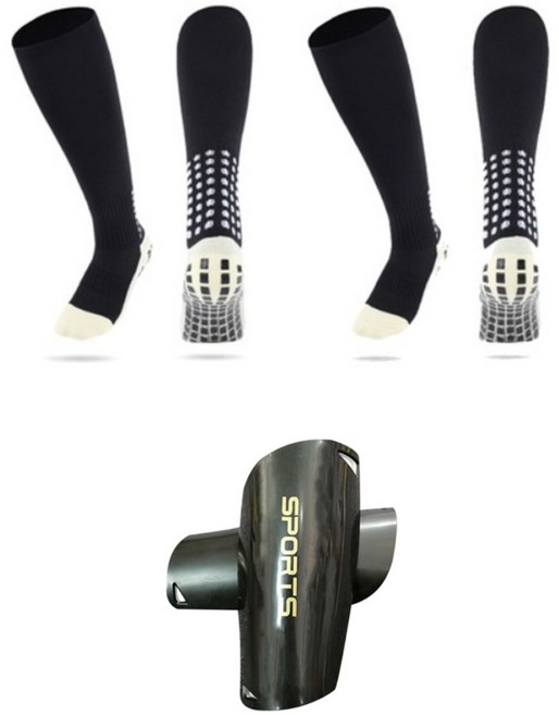wirkri 아동용 미끄럼 방지 스트립 축구양말 2세트 + 정강이 보호대 WBCSS, 블랙, 3개