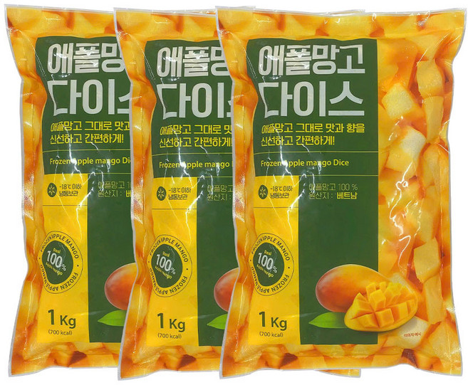 산들네이처 냉동 애플망고 다이스 3kg (1kg x 3봉), 3개, 1kg