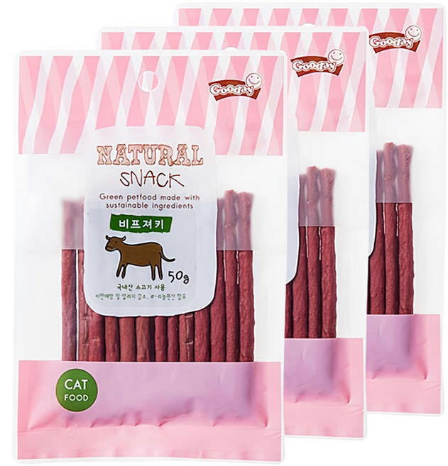 굿데이 네츄럴 스낵 고양이 간식, 비프져키, 50g, 3개