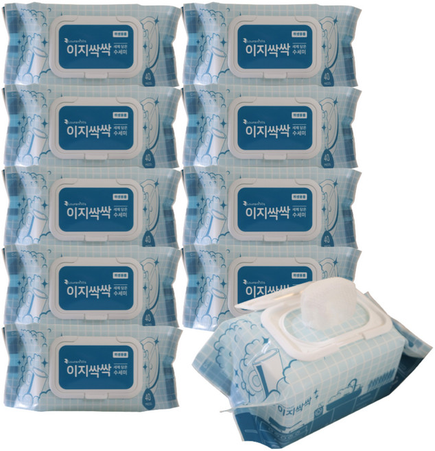 이지싹싹 세제일체형 티슈형 일회용 수세미 캡형 40매, 10개