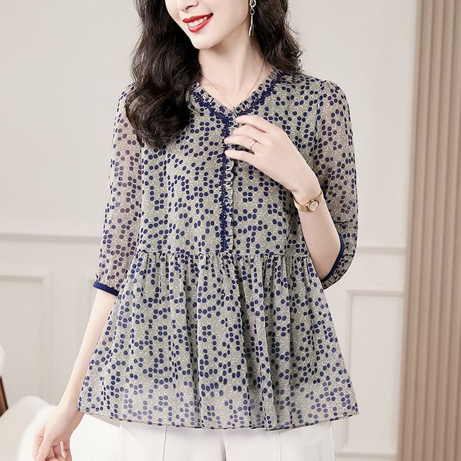 COSYEVNO 중년 여성용 여름 7부 소매 도트 패턴 블라우스 A라인 핏CLXmmsy-14