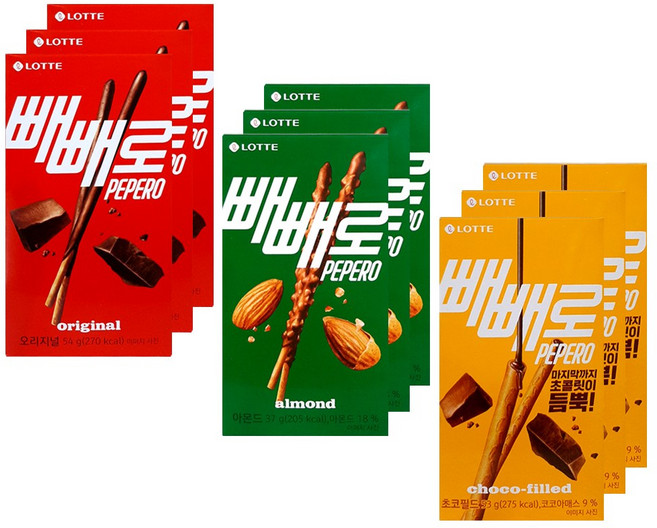 롯데웰푸드 빼빼로 3종 3개씩 (초코 오리지널54g+아몬드37g+초코필드53g), 1개