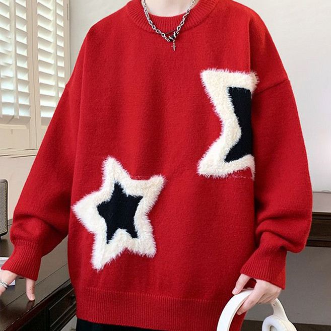 TKX 남성용 넉넉한 핏 별무늬 디자인 니트 스웨터 가을 겨울 따뜻한 소재 박시한 상의 KS39