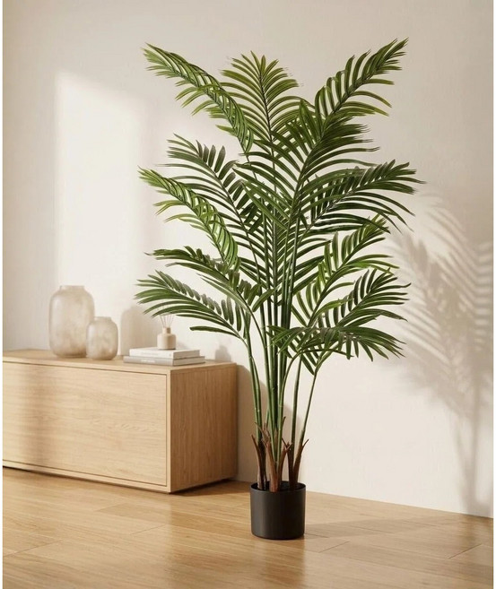 SAIVEINA 홈 데코용 인조 조화 나무 가짜화분 인조 식물 실내외 사무실 거실 침실 작업실 매장 현관 드라마 조경 인테리어 열대 나무 아레카야자 + 블랙 기본 화분 120cm, 그린, 1개