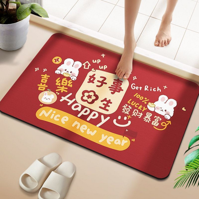卡通衛浴腳墊 平安喜樂兔硅藻泥吸水速幹防滑軟墊 39x59cm, 好事髮生長方形硅藻泥,49x79cm三代硅藻泥, 好事髮生