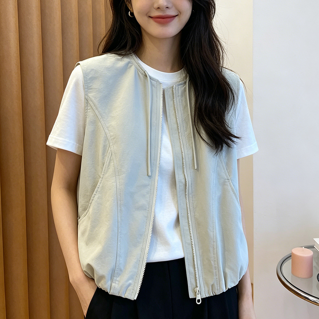 하늘비즈 여름용 라운드 넥 경량 조끼 루즈핏 지퍼 베스트 통기성 캐주얼 레이어링 조끼