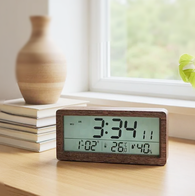 애즈맘 무소음 탁상 알람 lcd 시계 우드 원목 전자 디지털 시계 미니 나무 집들이 생일 선물, 다크브라운