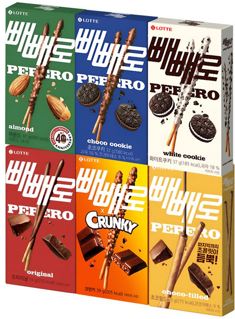 빼빼로 6종 혼합 초코+아몬드+화이트쿠키+크런키+초코쿠키+누드초코, 1세트