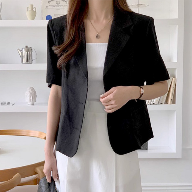 라라홀리 카라넥 복고풍 베이직 루즈핏 반팔 정장 크롭 자켓