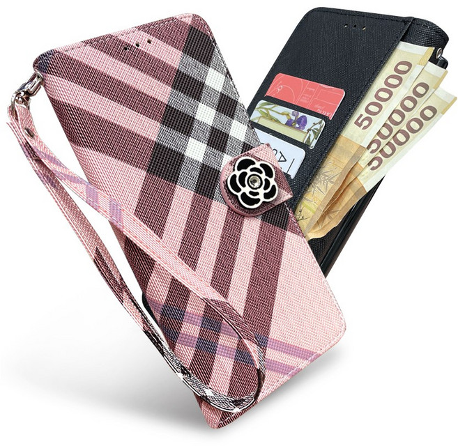 버킨체크MB 꽃 장식 손목줄 스트랩 지갑형 수첩형 다이어리 휴대폰케이스