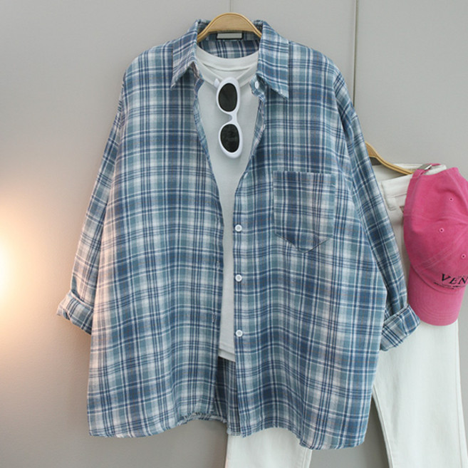 달콩 여성 빅사이즈 봄신상 카라셔츠 아잉체크오버핏롱셔츠