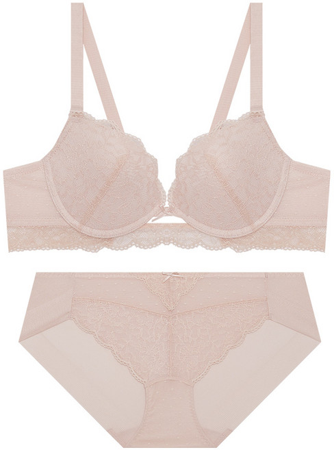 엘르이너웨어 프론트홀 도트 레이스 볼륨 브라 팬티 세트 - 핑크베이지