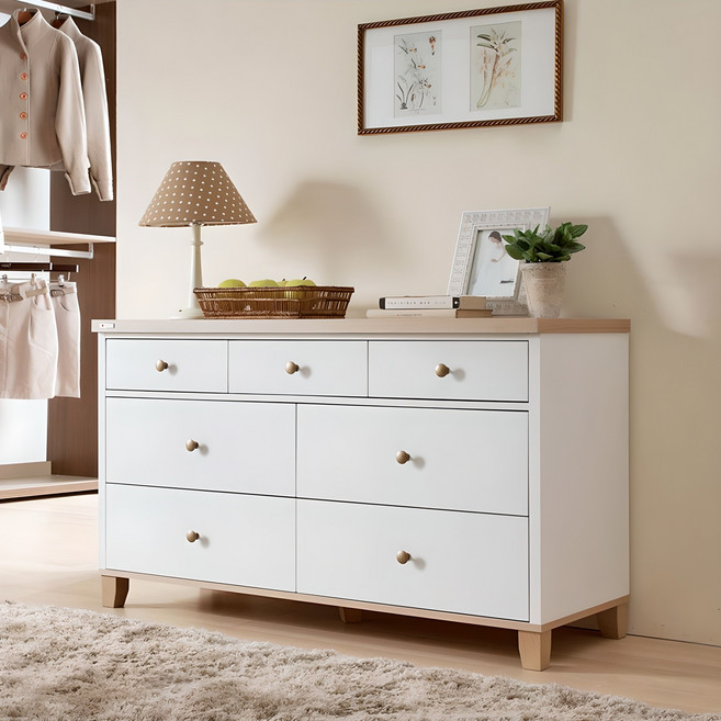 미호 3단 와이드 서랍장 방문설치, 화이트 + 오크, 7단