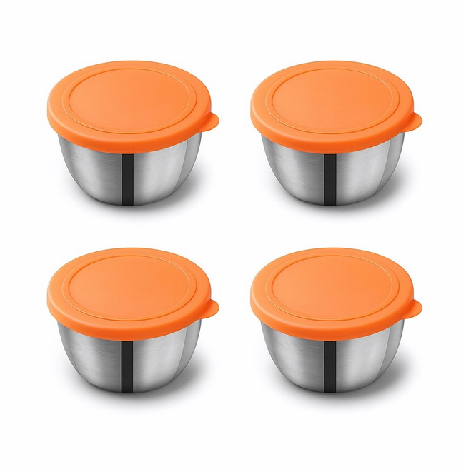 엘리펀트 75ml 스테인리스 소스통 4P 세트 - 밀폐 컬러 PET뚜껑 포함 소형 반찬통/양념통/도시락 소스컵, 선셋 오렌지, 4개