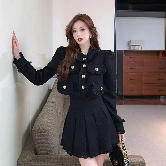 여성 트위드 투피스 세트 빅사이즈 쇼트 코트 + 하이웨스트 플리츠 스커트 봄 가을 여자 하객룩 상하세트 YSQ