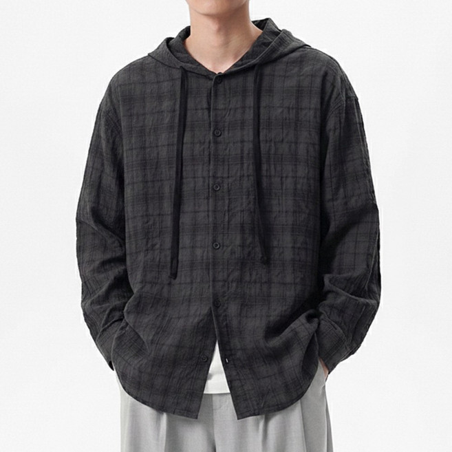 루크 남녀공용 오버핏 경량 후드 체크 셔츠 남성 봄가을 가벼운 긴팔 상의 여성 간절기 캐주얼 패턴 남방 힙한 스트릿 패션 커플 아우터