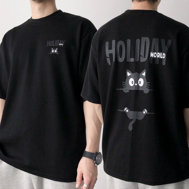 오프앤 국산 남녀공용 특양면 오버핏 홀리데이 고양이 프린팅 빅사이즈 박스 반팔 티셔츠