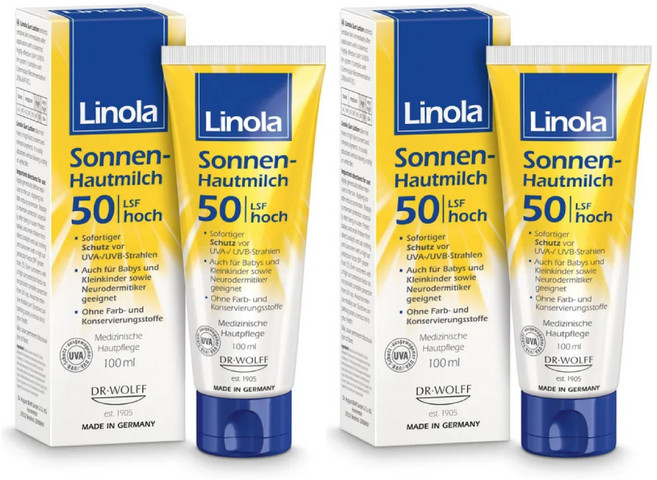리놀라 Linola 선 스킨 밀크 SPF 50 x 2개 독일 내수용 자외선 차단제 썬크림, 50ml