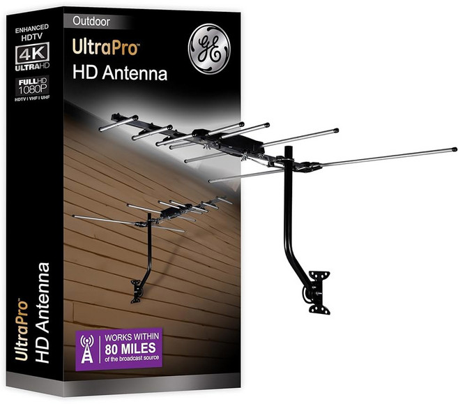 GE 아웃도어 HD 디지털 TV 안테나 장거리 OTA HDTV 야기 스타일 디자인 4K 1080P 스마트 VHF UHF 지원 다락방 또는 실외용 J 마운트 포함 내후성, Yagi-Style