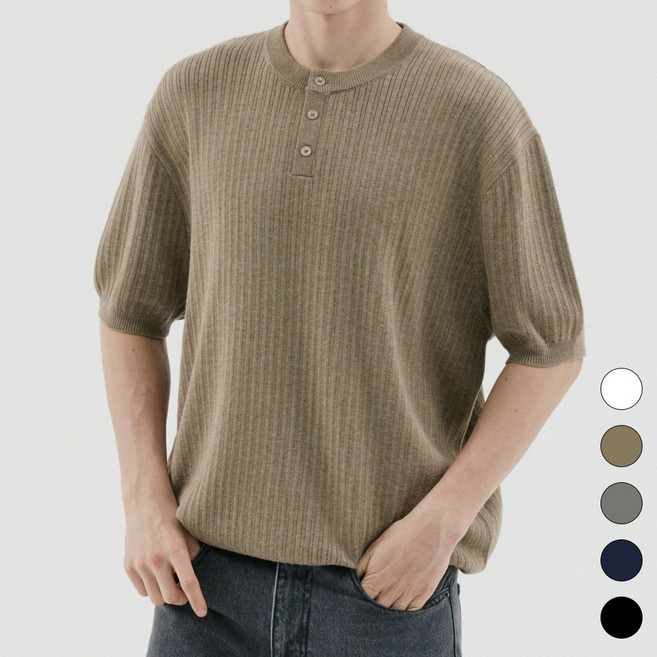 트래드클럽 나루 버튼다운 헨리넥 사계절 반팔 니트 (5컬러 M~5XL)