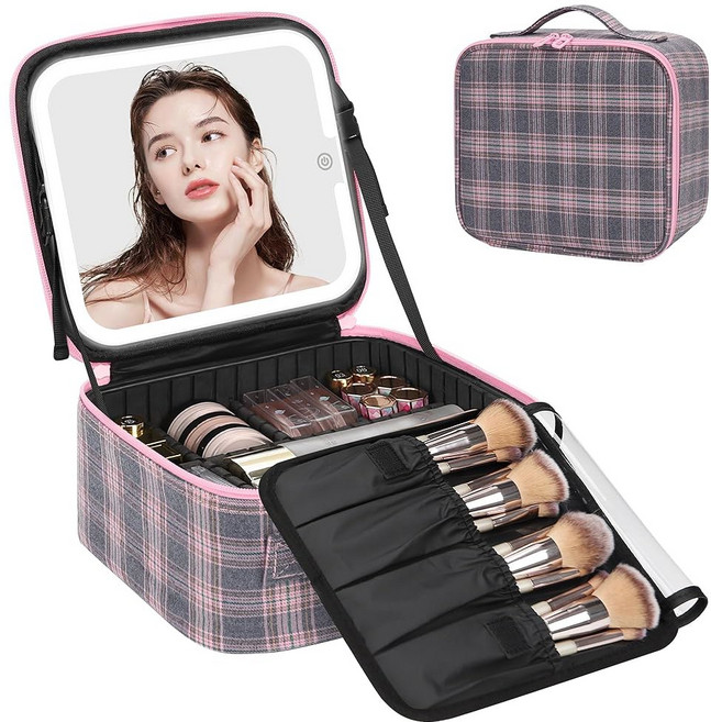 LED 거울이 있는 릴라벨 여행용 메이크업 가방 라이트 업 미러가 메틱 트레인 케이스 조절 가능한 칸막이가 휴대용 아티스트 정리 브러시 홀더 보관함 블랙, 03 Grey Strip, 1 Small