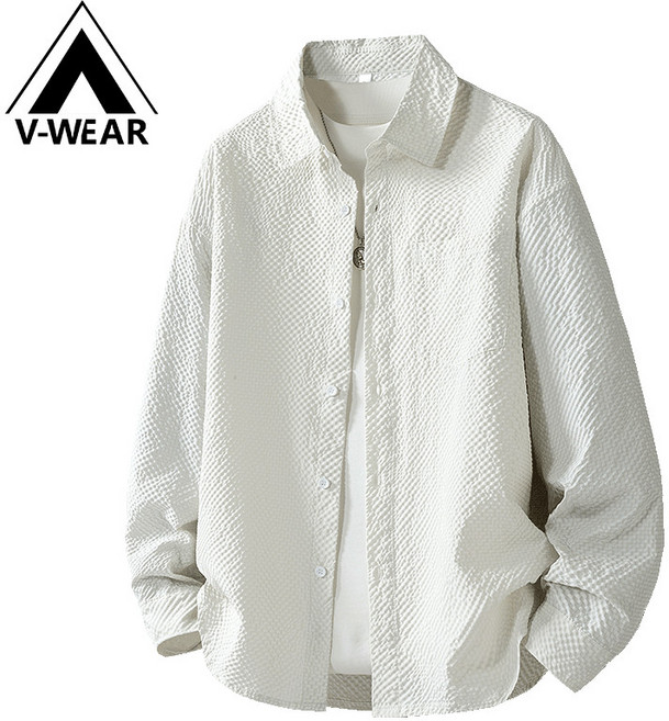 寬鬆透氣 秋季長袖襯衫 翻領外套 品質泡泡紗外套 休閒襯衣 美式簡約上衣 素色外套 米白色