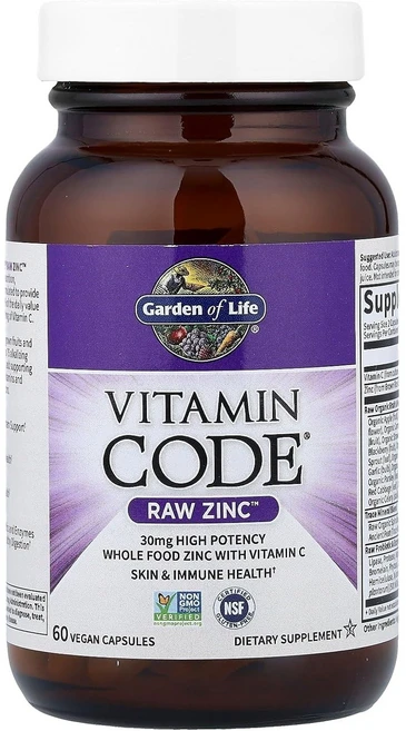 Garden of Life 비타민 코드 로우 징크 30mg 비건 캡슐, 1개, 60정 - 쿠팡