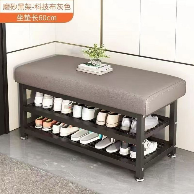 換鞋凳 門口家用入戶玄關穿鞋凳 簡約鞋架坐凳鐵藝收納, 1個, 【灰色貓爪皮】60長30寬50高-黑架可坐人稱重300斤