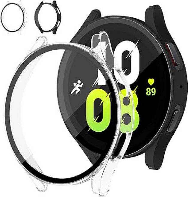 갤럭시 워치호환 강화 유리 보호필름 & 하드 PC 전체 보호 케이스 2개입 4개입 4 5 6 7 8, 투명/블랙