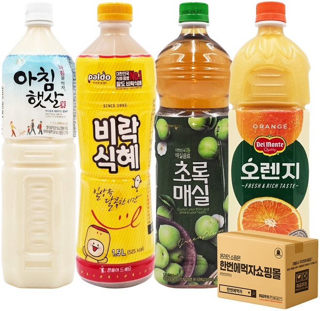[한번에먹자] 대용량 과즙음료 혼합 (아침햇살1 + 비락식혜1 + 초록매실1 + 델몬트 오렌지1), 4개, 1.5L