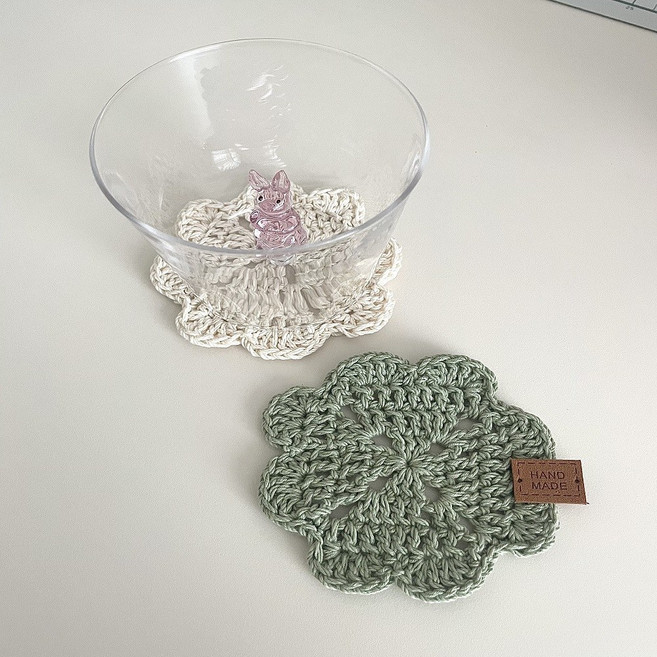 네잎클로버 티코스터 핸드메이드 뜨개 컵받침, 아이보리+올리브, 1세트