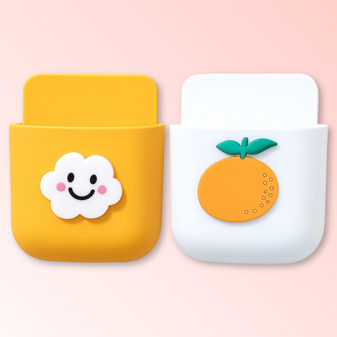 러블리 디자인 + 사은품 제공 집안굿 월포켓 리모컨거치대 스마트폰 벽걸이 부착형, 오렌지+화이트, 2개