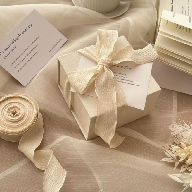 주름 원단 선물 포장 리본끈 2.5cm 2P, 2개, 9m, 크림