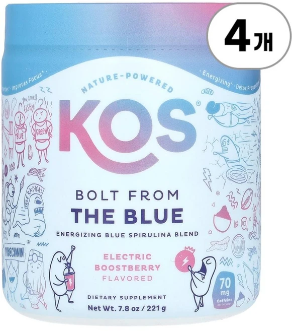 KOS 볼트 프롬 더 블루 에너자이징 블루 스피루리나 블렌드 Bolt From The Blue Energizing Blue Spirulina Blend 221g, 4개 - 쿠팡