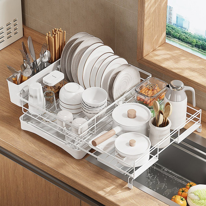 Zuge 다기능 확장형 식기건조대 풀세트, 화이트, 1단