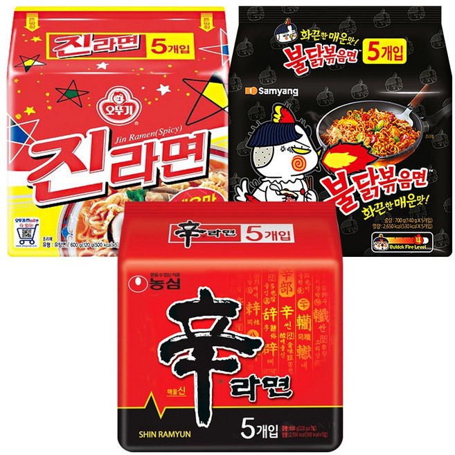 불닭볶음면5입+신라면5입+진라면 매운맛5입, 15개