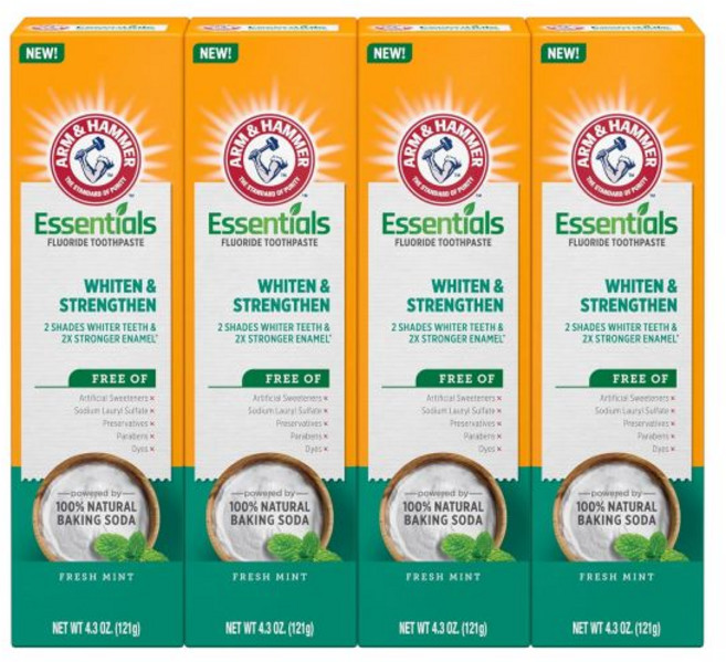 ARM & HAMMER 에센셜 불소 치약 미백 및 강화 - 4.3온스 튜브 4팩 신선한 민트 100% 천연 베이킹 소다, ARM & HAMMER 에센셜, 불소 치약 미백 및 강