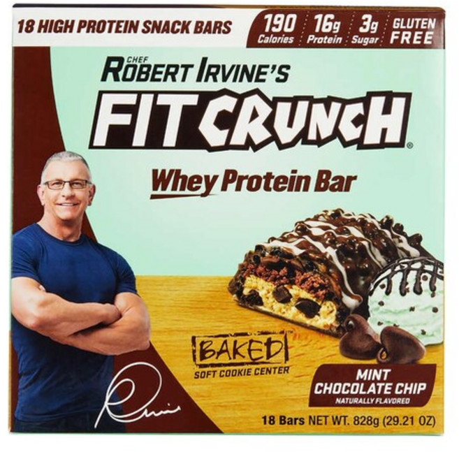 Fit Crunch 핏 크런치 로버트 어바인 웨이 프로틴 바 민트 초콜릿 칩 46g x 18바 유청 단백질, 18팩