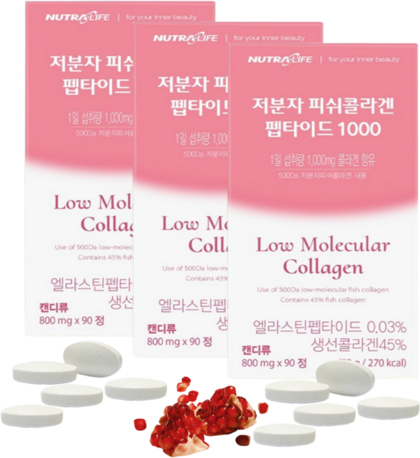 3세대 트리 초저분자 500Da(달톤) 피쉬콜라겐 펩타이드 1000 3개월분 고함량 석류농축분말 함유, 3개, 90정