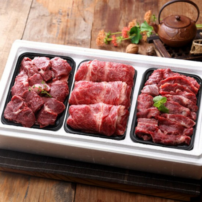 [名品]횡성한우 1등급 구이선물세트 1.2kg(등심400 안심400 특수부위400), 1개, 1.2kg