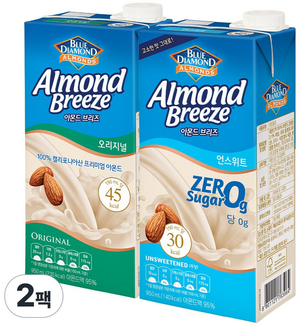 아몬드브리즈 2종(오리지널+언스위트) 두유, 2개, 950ml