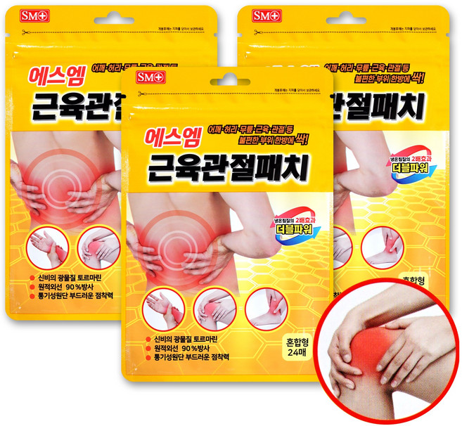 에스엠 근육 관절 동전 패치 혼합형 통기성 냉온찜질 허리 무릎 통증, 3개, 24개입