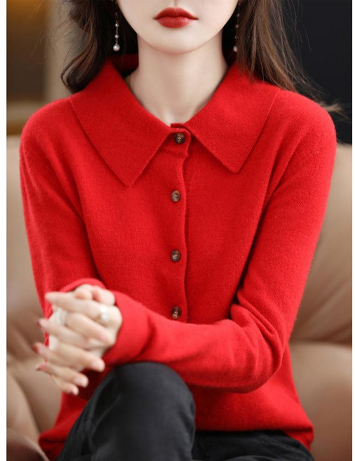 NEW 가을겨울 여성 단색 폴로 카라니트/캐시미어 소프트 프리미엄원단/클래식 패션을 간절기 니트가디건/긴팔 얇은 예쁜가디건/여자폴로가디건/브랜드가디건