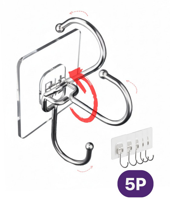 레누아 회전형 벽걸이 후크 무타공 접착식, 5개, 크리스탈 투명