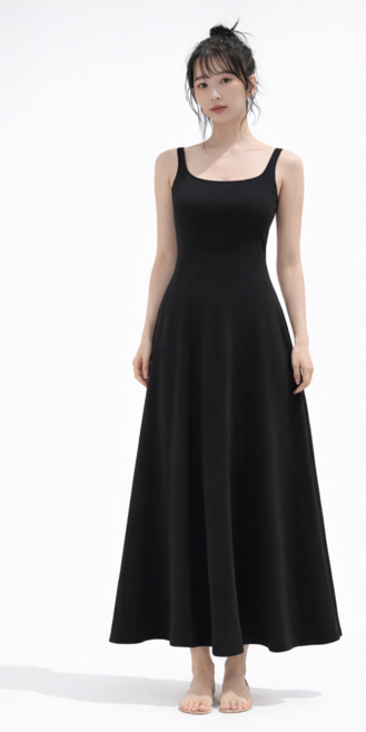 【睿依女裝RYI】極簡背心長洋裝 A字大裙擺 素面U領, 黑色,S 建議體重48-60KG