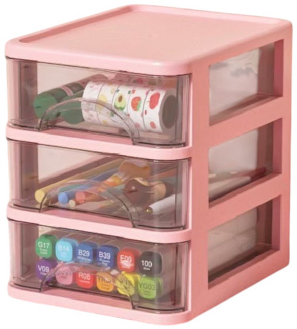 粉紅佳人三層抽屜式收納盒 桌面文具化妝品置物箱 透明多功能收納櫃, 抽屜式收納盒【粉紅佳人】三層, 3層