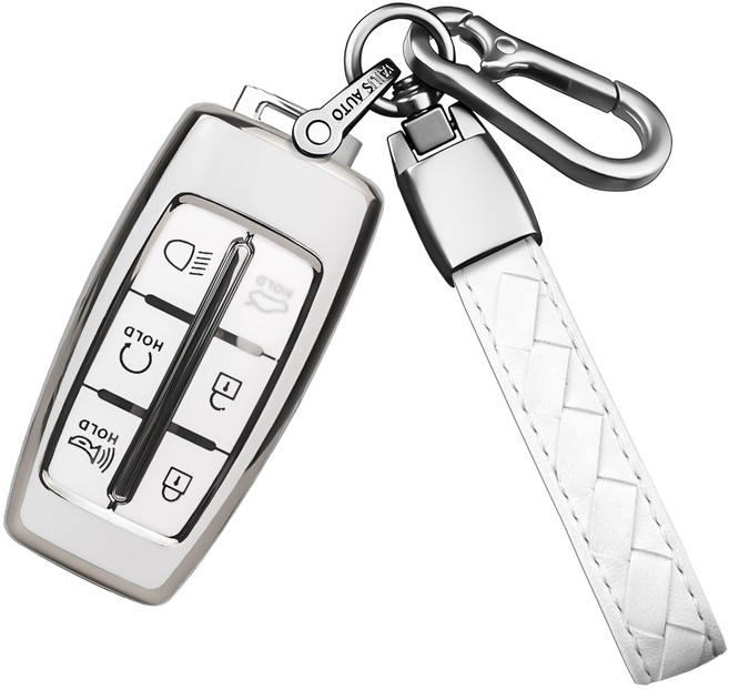 MODACE 제네시스 자동차키 케이스 TPU 소프트젤 보호 케이스 6버튼/8버튼 가죽 메탈 키링 키홀더, 6버튼-실버 화이트